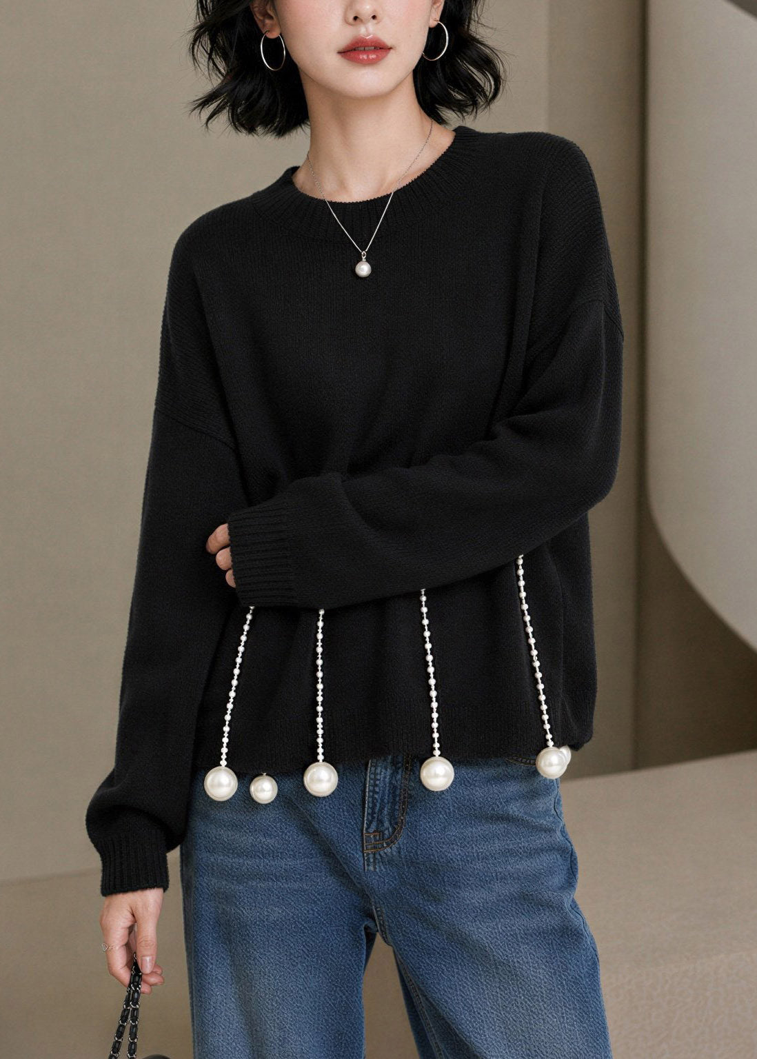 Chic Black O-Neck Pearl Patchwork Cotton Knit Sweaters Long Sleeve