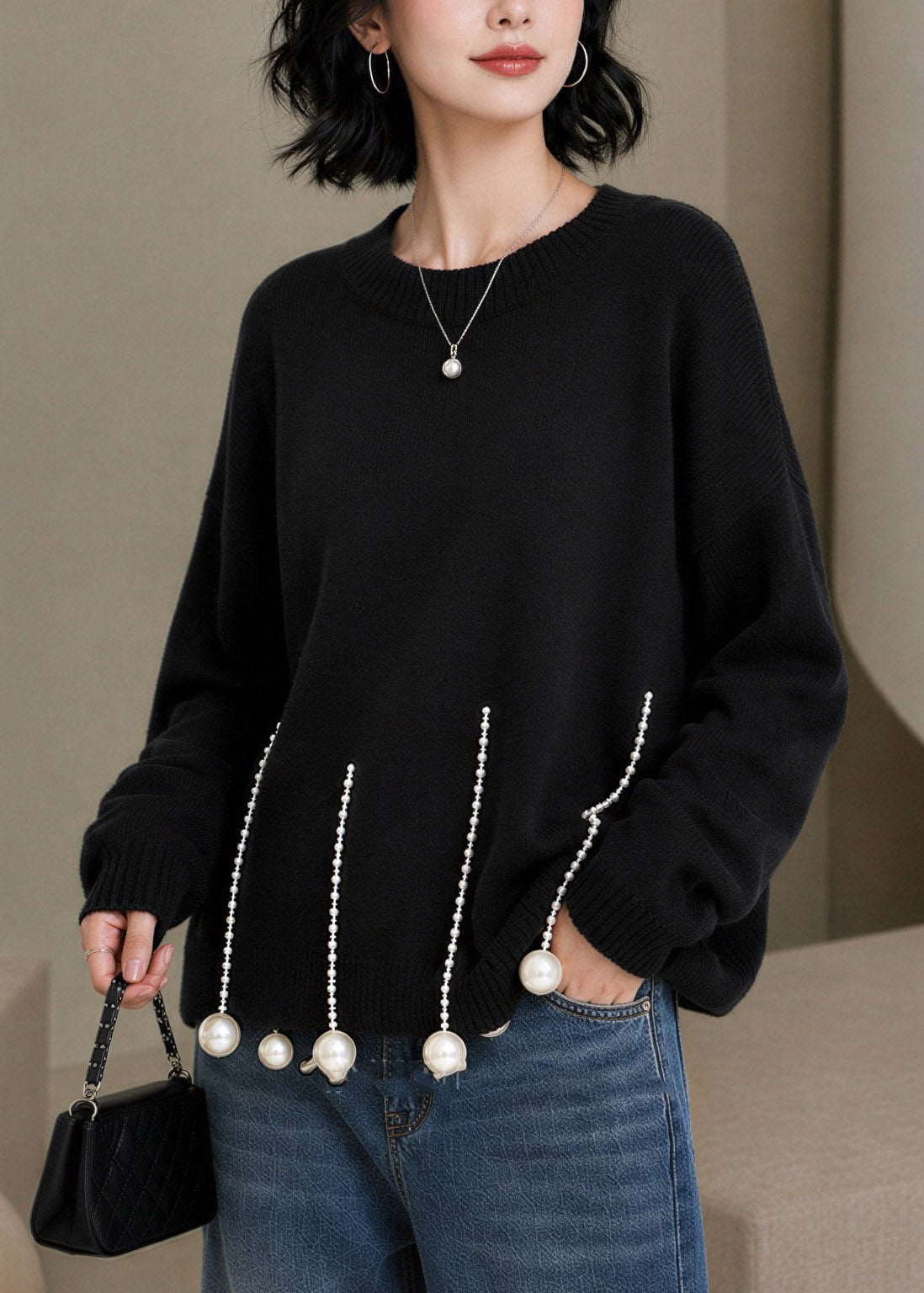 Chic Black O-Neck Pearl Patchwork Cotton Knit Sweaters Long Sleeve