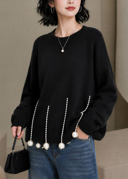 Chic Black O-Neck Pearl Patchwork Cotton Knit Sweaters Long Sleeve