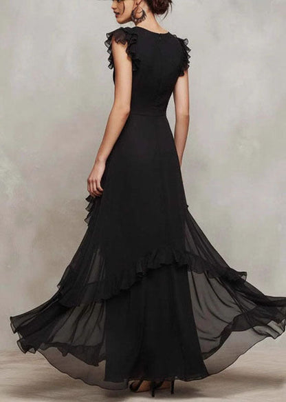 Chic Black O-Neck Ruffled Patchwork Chiffon Dress Summer