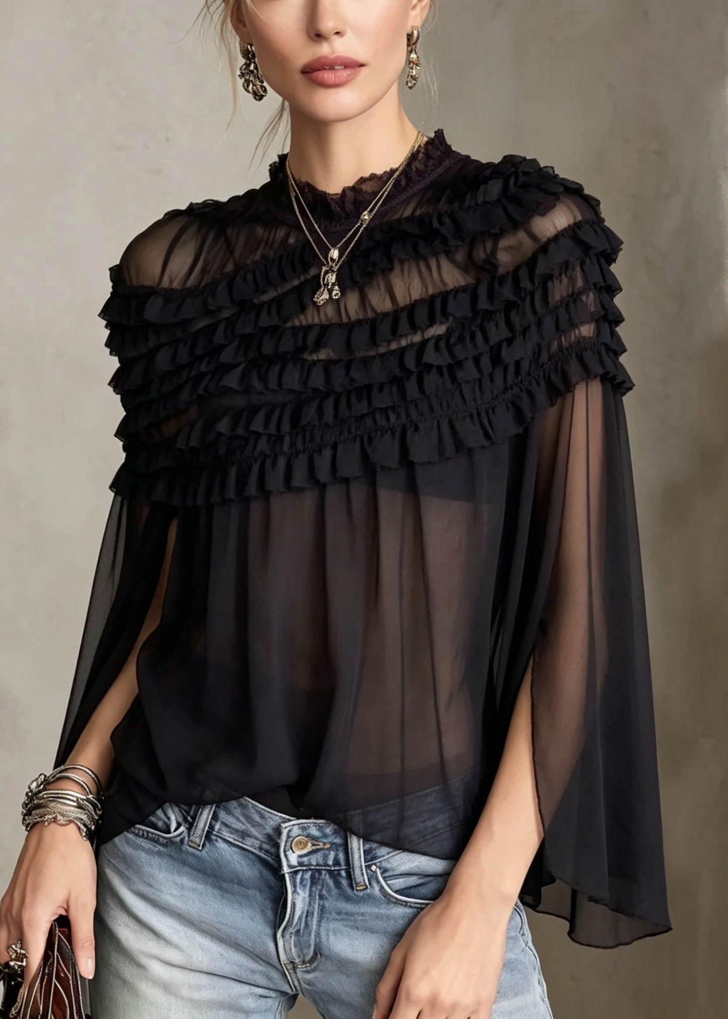 Chic Black O Neck Ruffled Patchwork Sheer Chiffon Top Summer