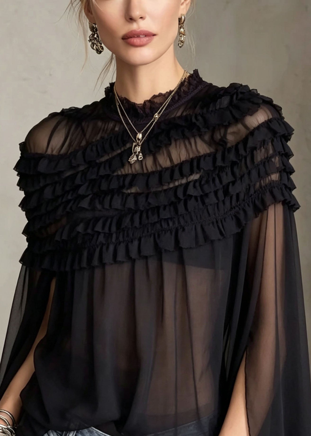 Chic Black O Neck Ruffled Patchwork Sheer Chiffon Top Summer