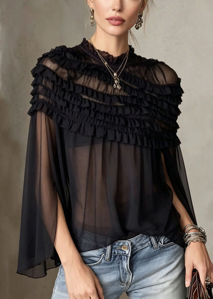Chic Black O Neck Ruffled Patchwork Sheer Chiffon Top Summer