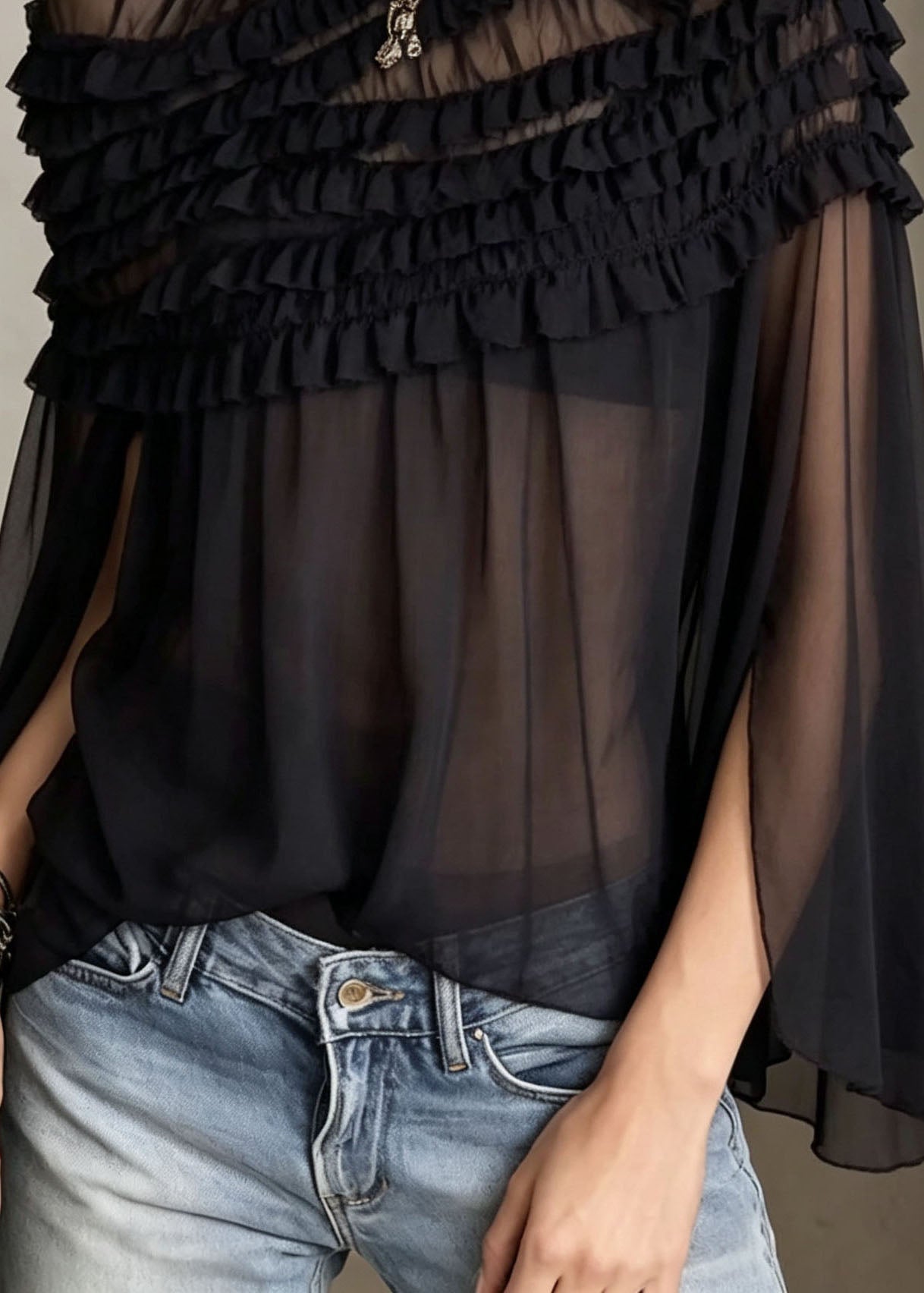 Chic Black O Neck Ruffled Patchwork Sheer Chiffon Top Summer