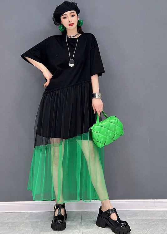 Chic Black O-Neck Tulle Patchwork Cotton Robe Dresses Short Sleeve