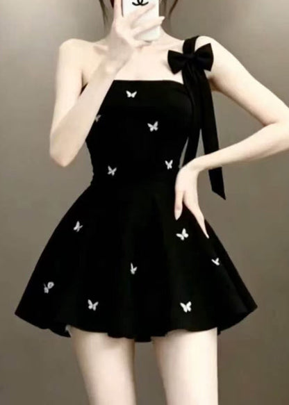 Chic Black One Shoulder Floral Mid Dress Sleeveless