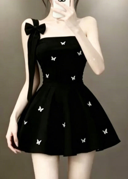 Chic Black One Shoulder Floral Mid Dress Sleeveless