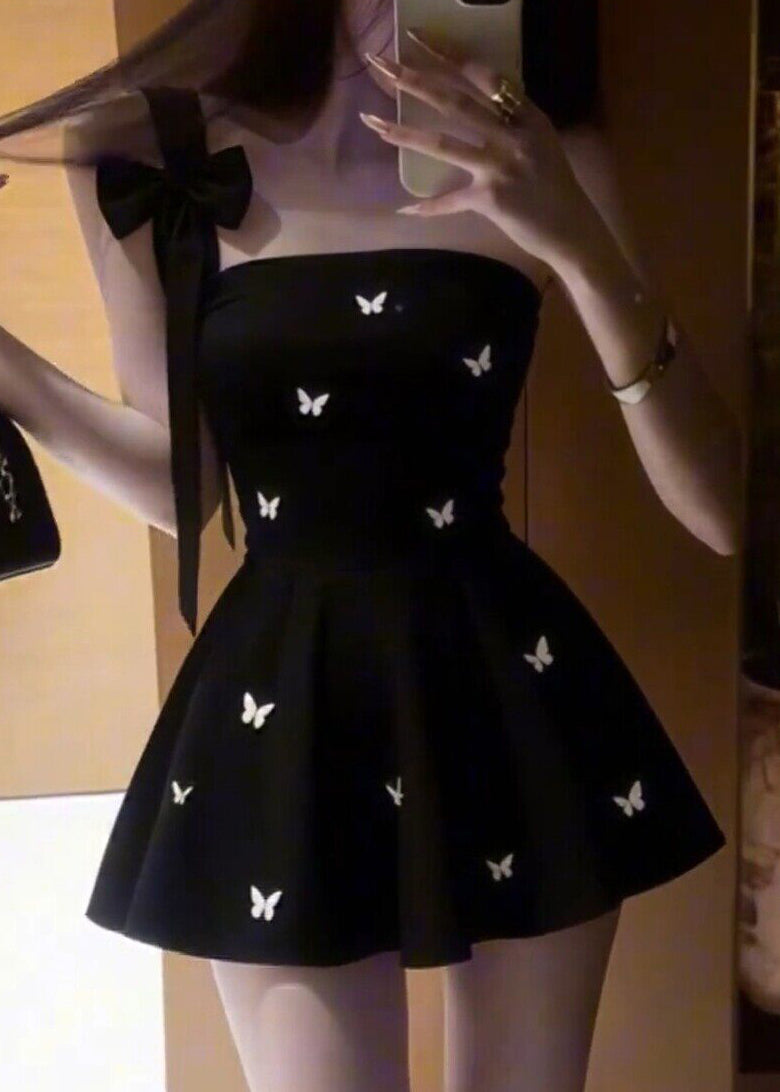 Chic Black One Shoulder Floral Mid Dress Sleeveless