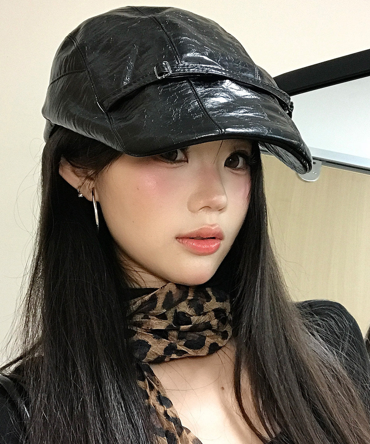 Chic Black Patchwork Faux Leather Breton Hat
