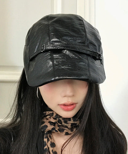 Chic Black Patchwork Faux Leather Breton Hat