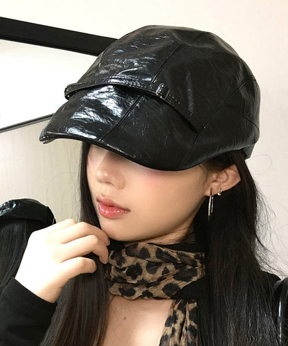 Chic Black Patchwork Faux Leather Breton Hat