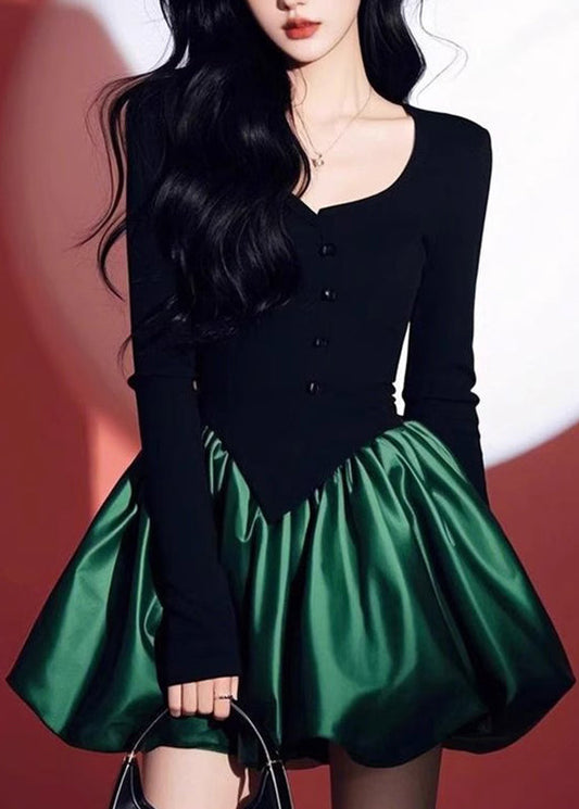 Chic Black Patchwork Green O-Neck Mid Dress Spring