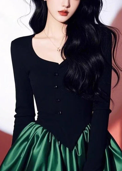 Chic Black Patchwork Green O-Neck Mid Dress Spring