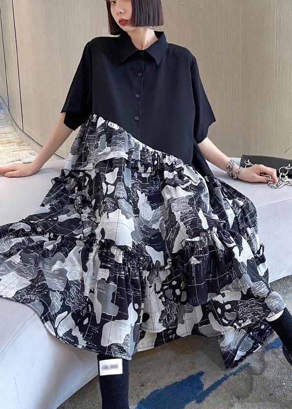 Chic Black Patchwork Print Cotton Button Summer Maxi Dress - SooLinen