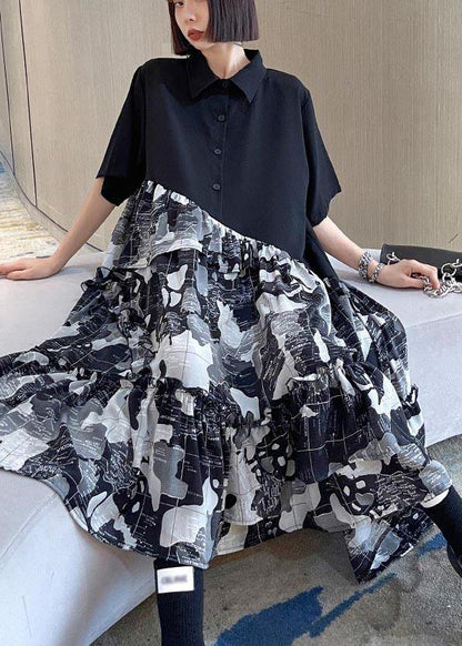 Chic Black Patchwork Print Cotton Button Summer Maxi Dress - SooLinen