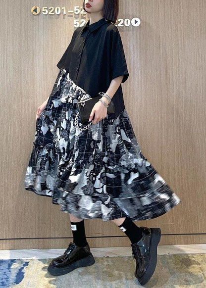 Chic Black Patchwork Print Cotton Button Summer Maxi Dress - SooLinen