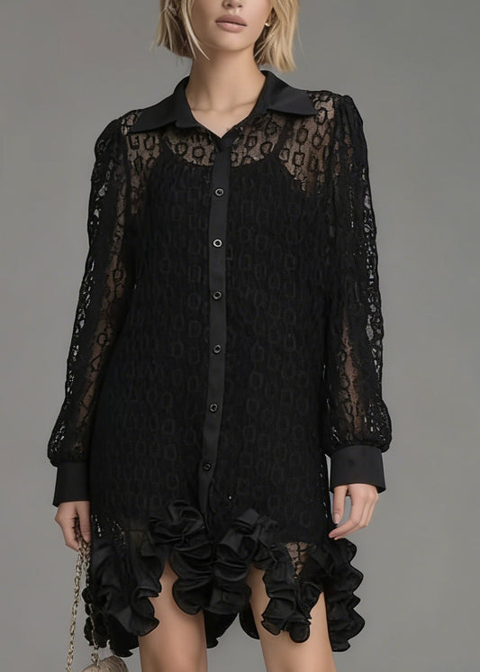 Chic Black Peter Pan Collar Hollow Out Floral Lace Shirt Tops Spring