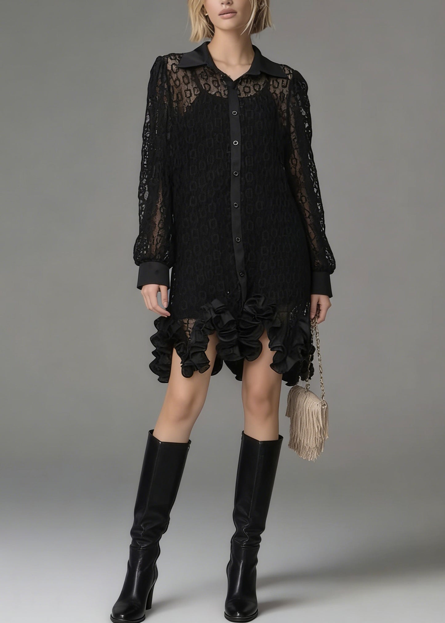 Chic Black Peter Pan Collar Hollow Out Floral Lace Shirt Tops Spring