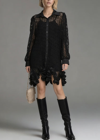 Chic Black Peter Pan Collar Hollow Out Floral Lace Shirt Tops Spring