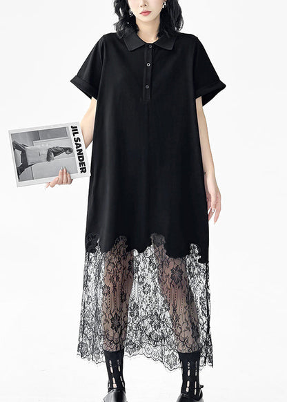 Chic Black Peter Pan Collar Lace Patchwork Cotton Dresses Summer