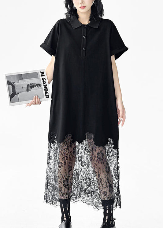 Chic Black Peter Pan Collar Lace Patchwork Cotton Dresses Summer