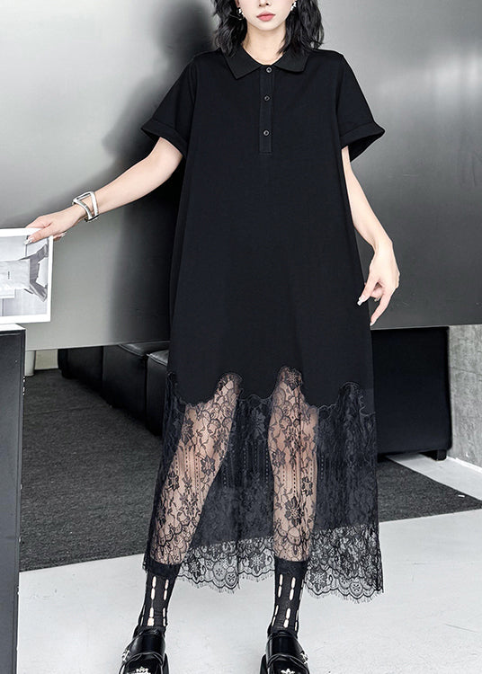 Chic Black Peter Pan Collar Lace Patchwork Cotton Dresses Summer