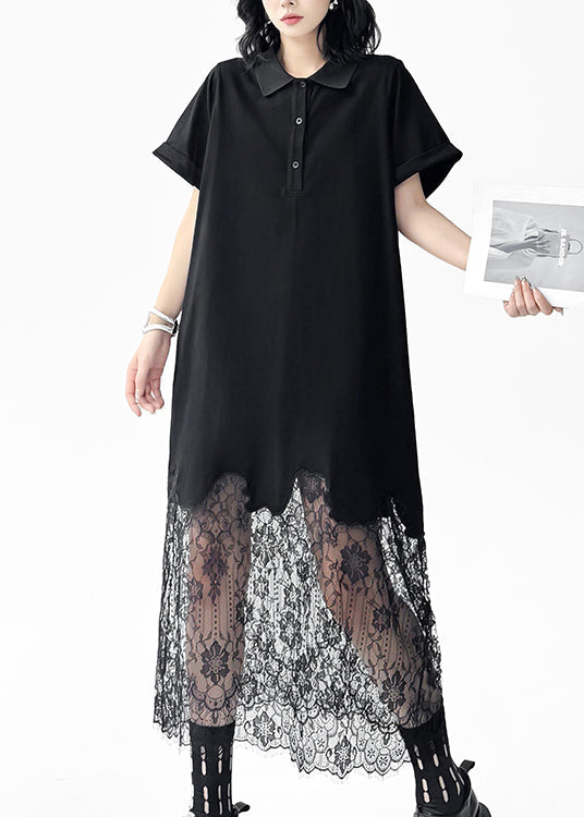 Chic Black Peter Pan Collar Lace Patchwork Cotton Dresses Summer
