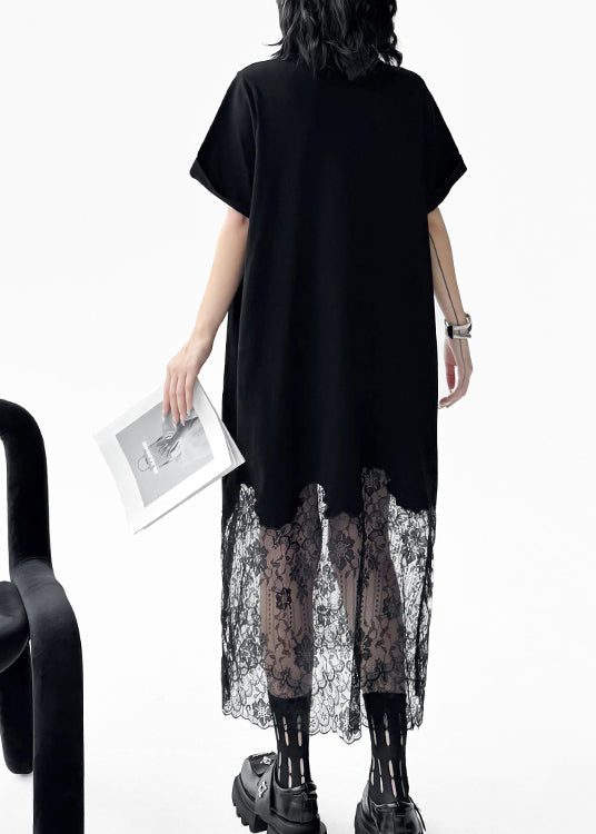 Chic Black Peter Pan Collar Lace Patchwork Cotton Dresses Summer