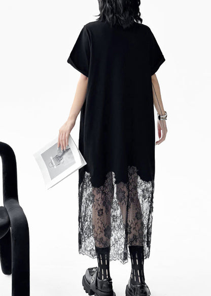 Chic Black Peter Pan Collar Lace Patchwork Cotton Dresses Summer