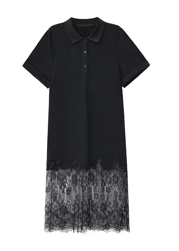Chic Black Peter Pan Collar Lace Patchwork Cotton Dresses Summer