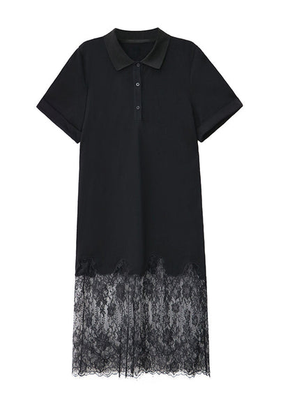 Chic Black Peter Pan Collar Lace Patchwork Cotton Dresses Summer
