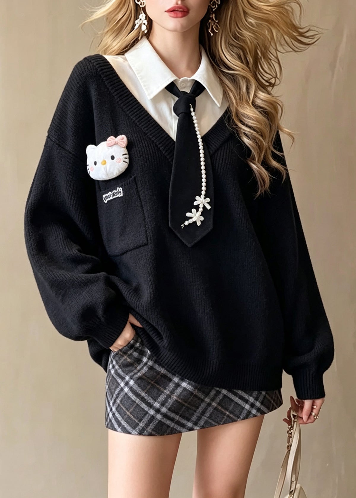 Chic Black Peter Pan Collar Patchwork Fake Two-Piece Cotton Knit Sweaters Fall