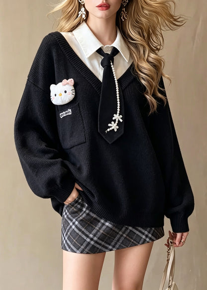 Chic Black Peter Pan Collar Patchwork Fake Two-Piece Cotton Knit Sweaters Fall