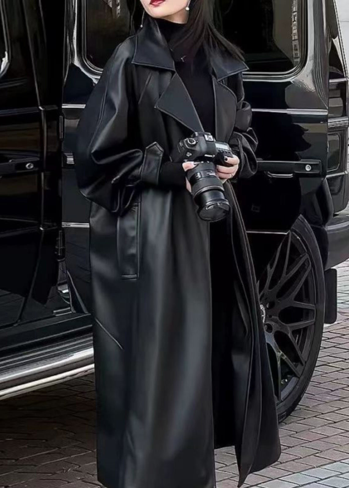 Chic Black Peter Pan Collar Pockets Faux Leather Trench Spring