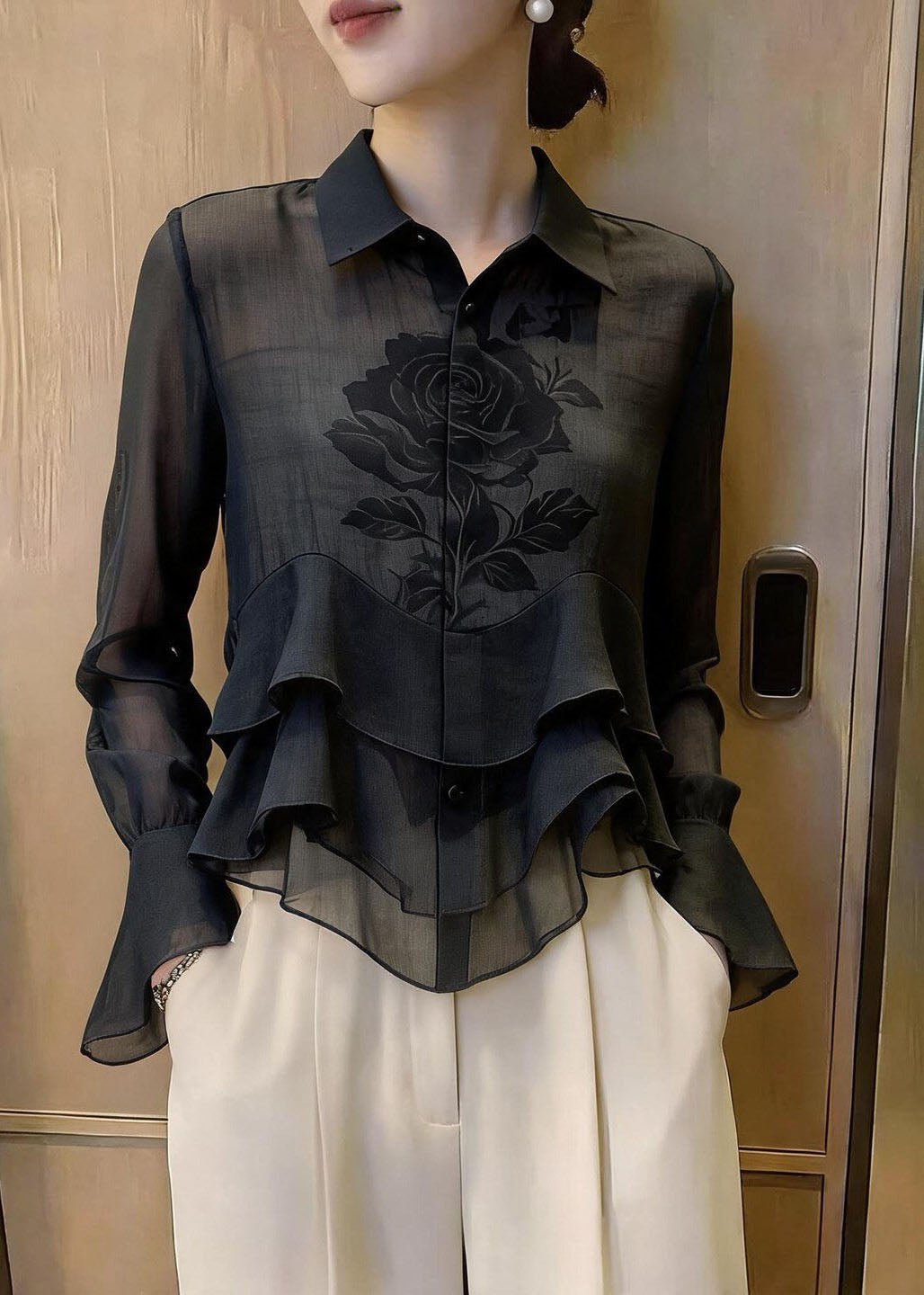 Chic Black Peter Pan Collar Print Silk Shirt Flare Sleeve