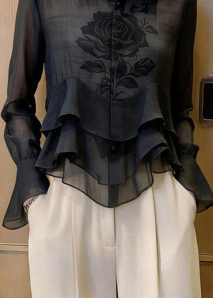 Chic Black Peter Pan Collar Print Silk Shirt Flare Sleeve