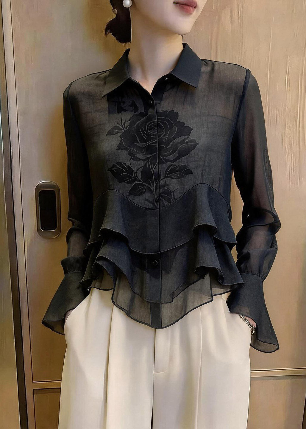 Chic Black Peter Pan Collar Print Silk Shirt Flare Sleeve