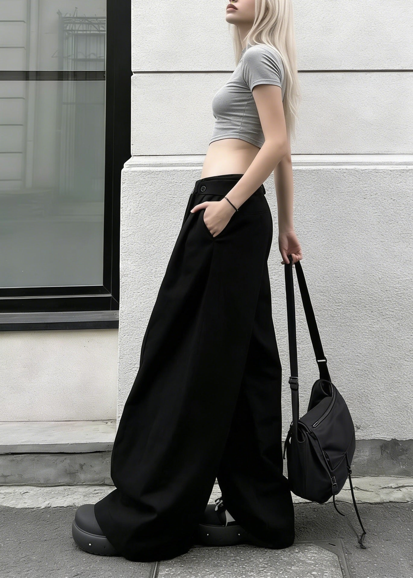 Chic Black Pockets Button Cotton Wide Leg Pants Spring