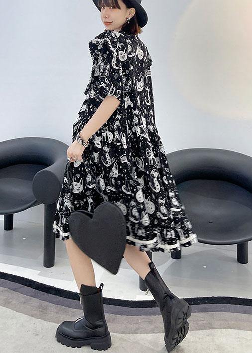 Chic Black Print Asymmetric Short Sleeve Dress - SooLinen