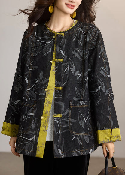 Chic Black Print Patchwork Chinese Button Denim Jackets Spring