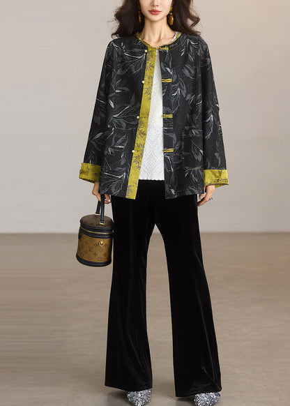 Chic Black Print Patchwork Chinese Button Denim Jackets Spring