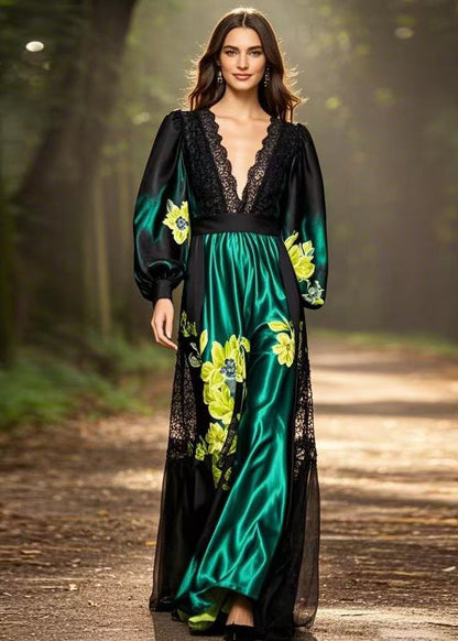 Chic Black Print Pockets Patchwork Silk Long Dresses Spring