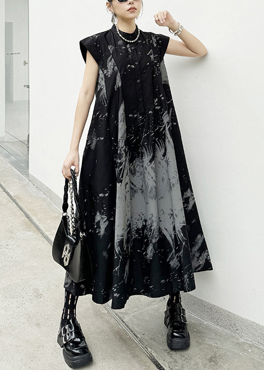 Chic Black Print Wrinkled Cotton Long Dresses Summer