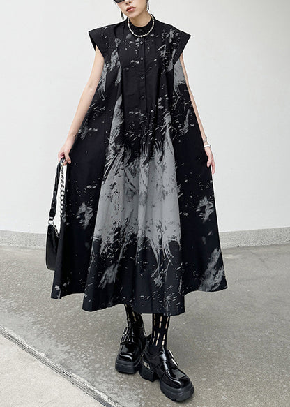 Chic Black Print Wrinkled Cotton Long Dresses Summer