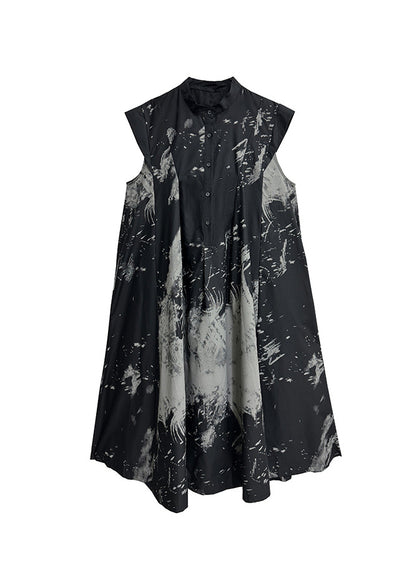Chic Black Print Wrinkled Cotton Long Dresses Summer