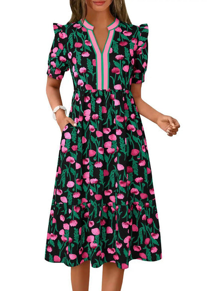 Chic Black Puff Sleeve Ruffled Print Cotton Dress