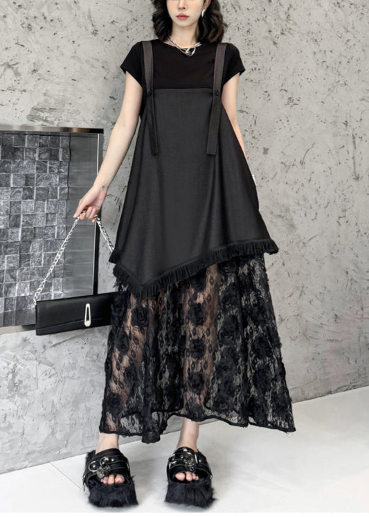 Chic Black Ruffled Lace Patchwork Cotton Strap Dress Summer