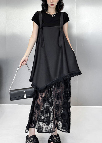 Chic Black Ruffled Lace Patchwork Cotton Strap Dress Summer