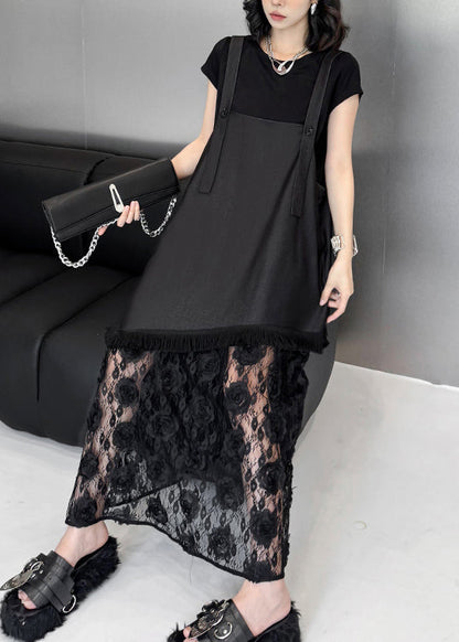 Chic Black Ruffled Lace Patchwork Cotton Strap Dress Summer