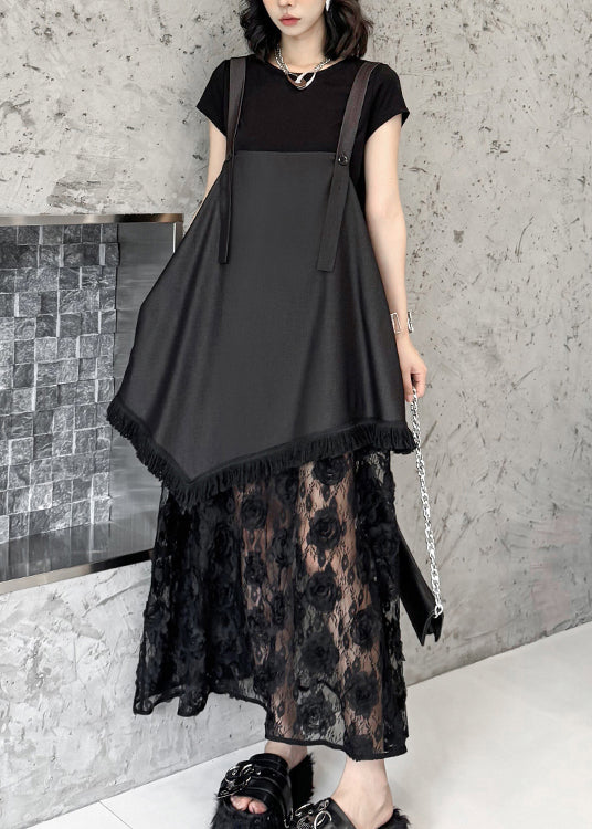 Chic Black Ruffled Lace Patchwork Cotton Strap Dress Summer